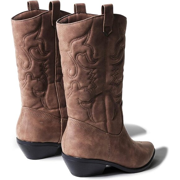 Women Polyurethane Taupe Mid Calf Low Heel Pointed Toe Cowgirl Western Boot - Picture 5 of 5